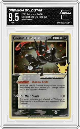Greninja Gold Star from the 2021 Pokemon SWSH set featuring a Celebrations Elite Trainer Box parallel graded by Arena Club and given an overall grade of 9.5.
