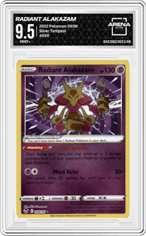 Radiant Alakazam from the 2022 Pokemon SWSH set graded by Arena Club and given an overall grade of 9.5.