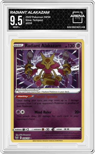 Radiant Alakazam from the 2022 Pokemon SWSH set graded by Arena Club and given an overall grade of 9.5.
