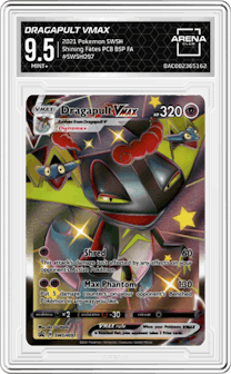 Dragapult VMAX from the 2021 Pokemon SWSH set featuring a Shining Fates Premium Collection Box parallel graded by Arena Club and given an overall grade of 9.5.