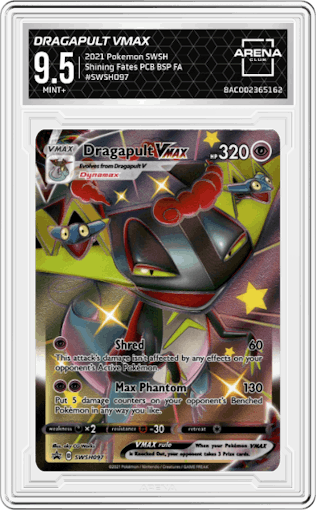 Dragapult VMAX from the 2021 Pokemon SWSH set featuring a Shining Fates Premium Collection Box parallel graded by Arena Club and given an overall grade of 9.5.