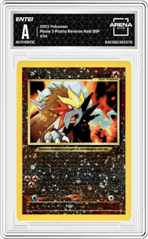 Entei from the 2001 Pokemon set graded by Arena Club and given an overall grade of 0.