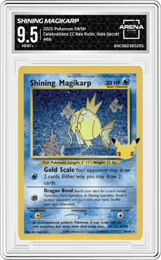 Shining Magikarp from the 2021 Pokemon SWSH set featuring a Neo Revelation parallel graded by Arena Club and given an overall grade of 9.5.