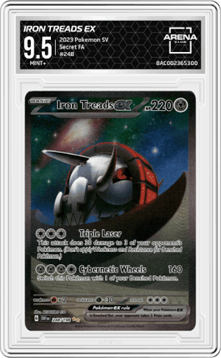 Iron Treads EX from the 2023 Pokemon SV set graded by Arena Club and given an overall grade of 9.5.