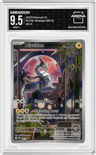 Miraidon from the 2023 Pokemon SV set featuring a Scarlet & Violet Elite Trainer Box (Miraidon) parallel graded by Arena Club and given an overall grade of 9.5.