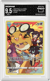 Dedenne from the 2022 Pokemon SWSH set graded by Arena Club and given an overall grade of 9.5.