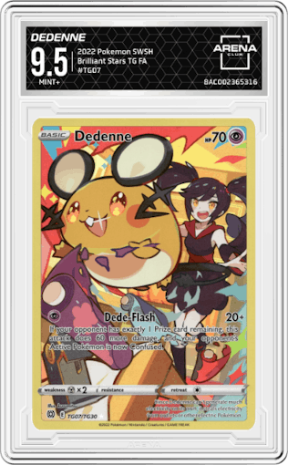 Dedenne from the 2022 Pokemon SWSH set graded by Arena Club and given an overall grade of 9.5.