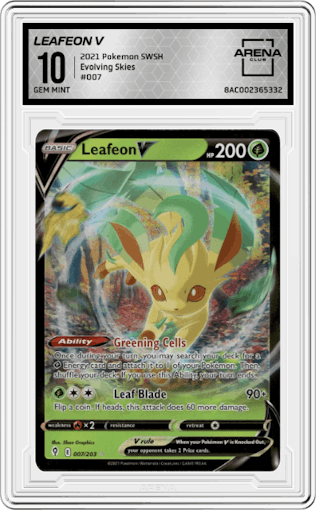 Leafeon V from the 2021 Pokemon SWSH set graded by Arena Club and given an overall grade of 10.