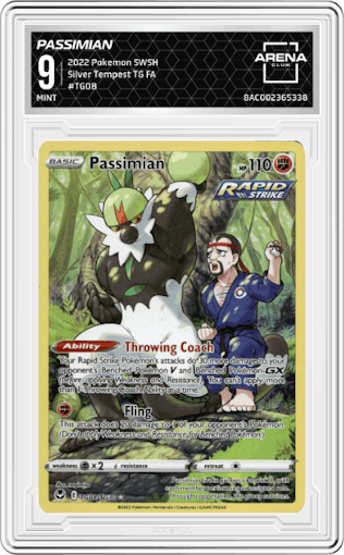 Passimian from the 2022 Pokemon SWSH set graded by Arena Club and given an overall grade of 9.