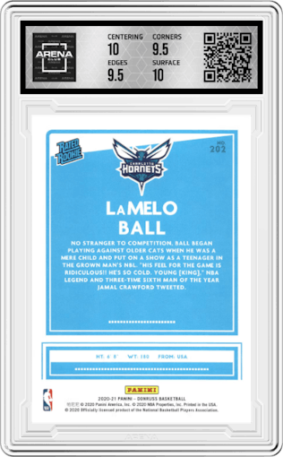 LaMelo Ball from the 2020-21 Panini Donruss set graded by Arena Club and given an overall grade of 10.