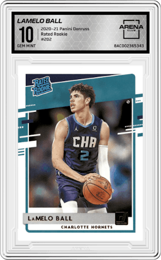 LaMelo Ball from the 2020-21 Panini Donruss set graded by Arena Club and given an overall grade of 10.