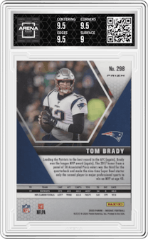 Tom Brady from the 2020 Panini Mosaic set featuring a No Huddle Silver parallel graded by Arena Club and given an overall grade of 9.5.