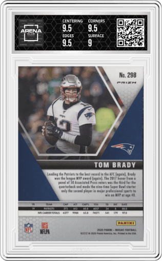 Tom Brady from the 2020 Panini Mosaic set featuring a No Huddle Silver parallel graded by Arena Club and given an overall grade of 9.5.