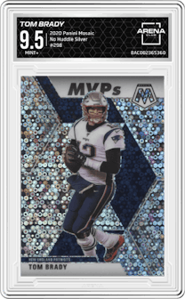 Tom Brady from the 2020 Panini Mosaic set featuring a No Huddle Silver parallel graded by Arena Club and given an overall grade of 9.5.