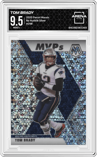 Tom Brady from the 2020 Panini Mosaic set featuring a No Huddle Silver parallel graded by Arena Club and given an overall grade of 9.5.