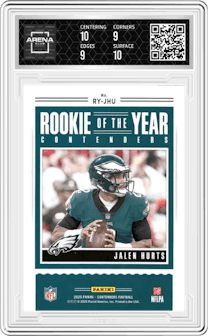 Jalen Hurts from the 2020 Panini Contenders set featuring a Emerald parallel graded by Arena Club and given an overall grade of 9.5.