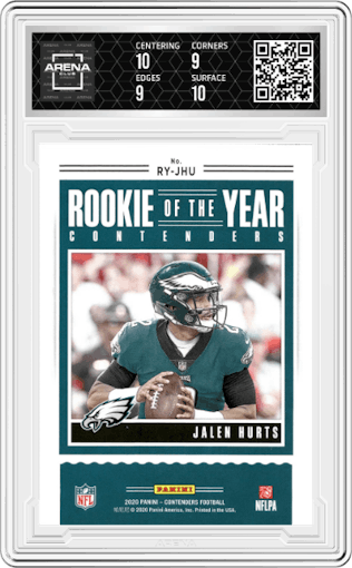 Jalen Hurts from the 2020 Panini Contenders set featuring a Emerald parallel graded by Arena Club and given an overall grade of 9.5.