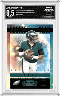 Jalen Hurts from the 2020 Panini Contenders set featuring a Emerald parallel graded by Arena Club and given an overall grade of 9.5.
