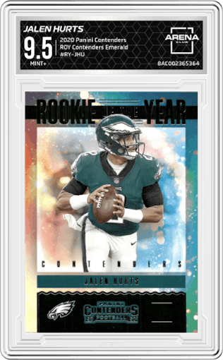 Jalen Hurts from the 2020 Panini Contenders set featuring a Emerald parallel graded by Arena Club and given an overall grade of 9.5.