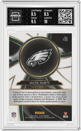 Jalen Hurts from the 2020 Panini Select set graded by Arena Club and given an overall grade of 9.