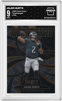 Jalen Hurts from the 2020 Panini Select set graded by Arena Club and given an overall grade of 9.