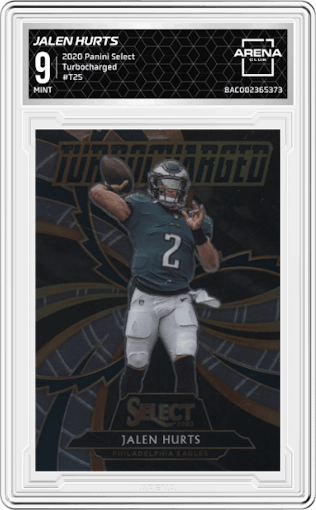 Jalen Hurts from the 2020 Panini Select set graded by Arena Club and given an overall grade of 9.
