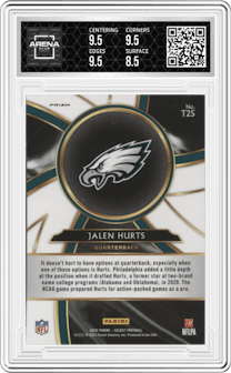 Jalen Hurts from the 2020 Panini Select set featuring a Prizm parallel graded by Arena Club and given an overall grade of 9.