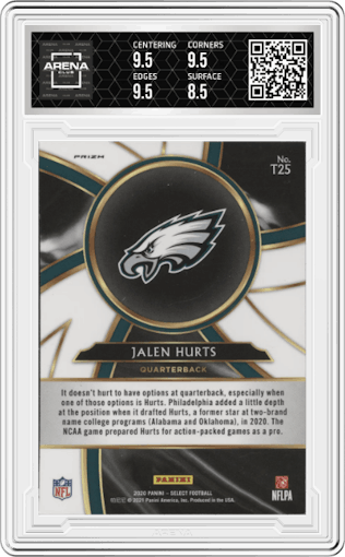 Jalen Hurts from the 2020 Panini Select set featuring a Prizm parallel graded by Arena Club and given an overall grade of 9.