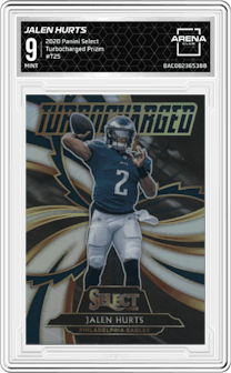 Jalen Hurts from the 2020 Panini Select set featuring a Prizm parallel graded by Arena Club and given an overall grade of 9.