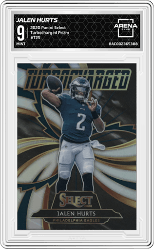 Jalen Hurts from the 2020 Panini Select set featuring a Prizm parallel graded by Arena Club and given an overall grade of 9.