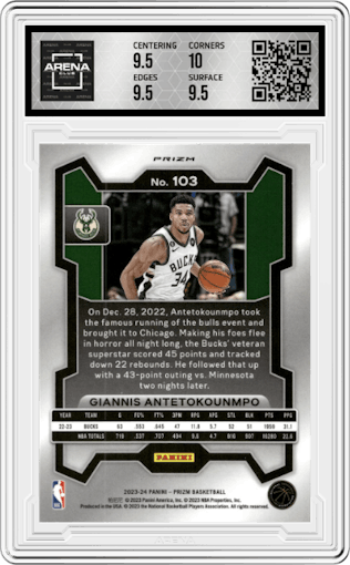 Giannis Antetokounmpo from the 2023-24 Panini Prizm set featuring a Green Prizm parallel graded by Arena Club and given an overall grade of 10.