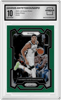 Giannis Antetokounmpo from the 2023-24 Panini Prizm set featuring a Green Prizm parallel graded by Arena Club and given an overall grade of 10.