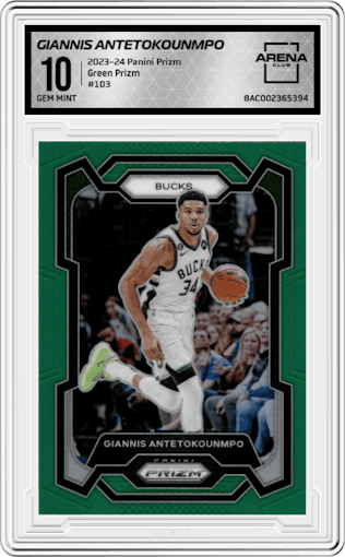 Giannis Antetokounmpo from the 2023-24 Panini Prizm set featuring a Green Prizm parallel graded by Arena Club and given an overall grade of 10.