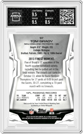Tom Brady from the 2014 Topps Finest set graded by Arena Club and given an overall grade of 9.