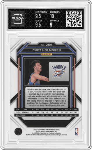 Chet Holmgren from the 2022-23 Panini Prizm  set graded by Arena Club and given an overall grade of 9.5.