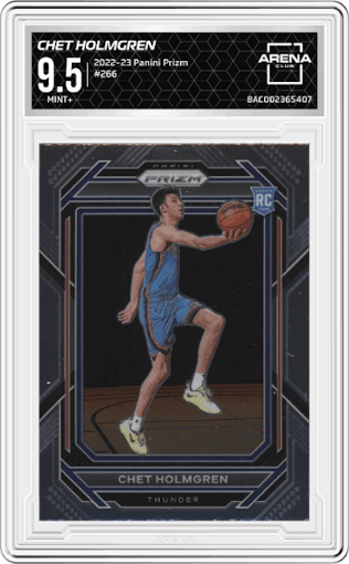 Chet Holmgren from the 2022-23 Panini Prizm  set graded by Arena Club and given an overall grade of 9.5.