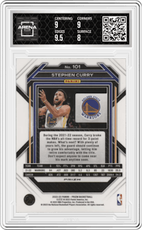 Stephen Curry from the 2022-23 Panini Prizm  set featuring a Silver Prizm parallel graded by Arena Club and given an overall grade of 8.5.