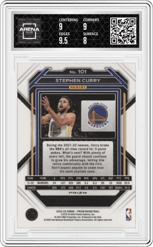 Stephen Curry from the 2022-23 Panini Prizm  set featuring a Silver Prizm parallel graded by Arena Club and given an overall grade of 8.5.
