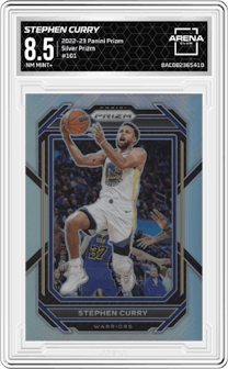 Stephen Curry from the 2022-23 Panini Prizm  set featuring a Silver Prizm parallel graded by Arena Club and given an overall grade of 8.5.
