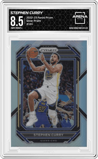 Stephen Curry from the 2022-23 Panini Prizm  set featuring a Silver Prizm parallel graded by Arena Club and given an overall grade of 8.5.