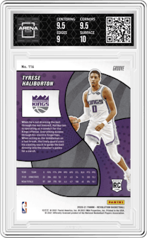 Tyrese Haliburton from the 2020-21 Panini Revolution set featuring a Groove parallel graded by Arena Club and given an overall grade of 9.5.