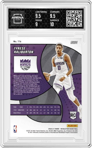 Tyrese Haliburton from the 2020-21 Panini Revolution set featuring a Groove parallel graded by Arena Club and given an overall grade of 9.5.