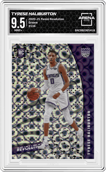 Tyrese Haliburton from the 2020-21 Panini Revolution set featuring a Groove parallel graded by Arena Club and given an overall grade of 9.5.