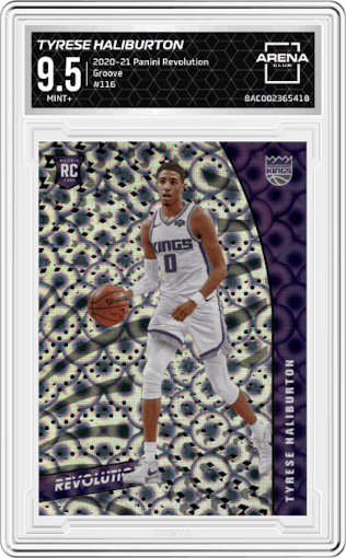 Tyrese Haliburton from the 2020-21 Panini Revolution set featuring a Groove parallel graded by Arena Club and given an overall grade of 9.5.