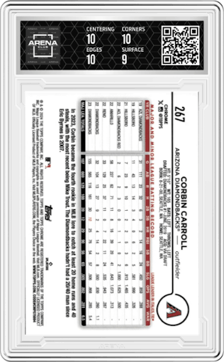 Corbin Carroll from the 2024 Topps Chrome set featuring a Aqua Lava Refractor parallel graded by Arena Club and given an overall grade of 9.5.
