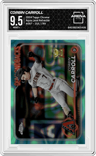 Corbin Carroll from the 2024 Topps Chrome set featuring a Aqua Lava Refractor parallel graded by Arena Club and given an overall grade of 9.5.