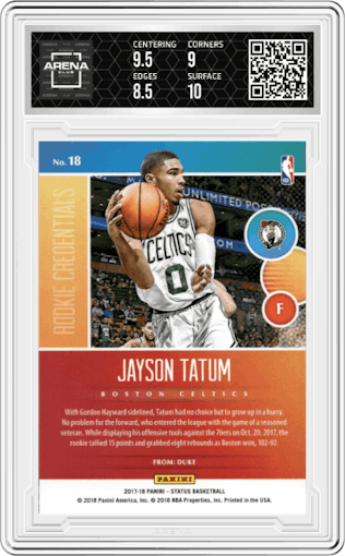Jayson Tatum from the 2017-18 Panini Status set graded by Arena Club and given an overall grade of 9.