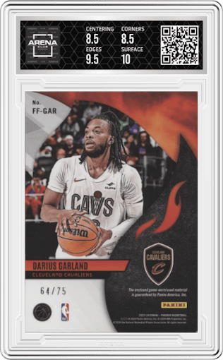 Darius Garland from the 2023-24 Panini Phoenix set featuring a Orange parallel graded by Arena Club and given an overall grade of 9.