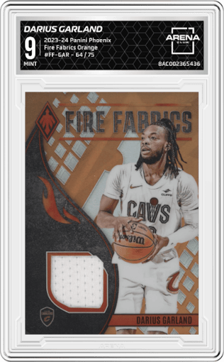 Darius Garland from the 2023-24 Panini Phoenix set featuring a Orange parallel graded by Arena Club and given an overall grade of 9.