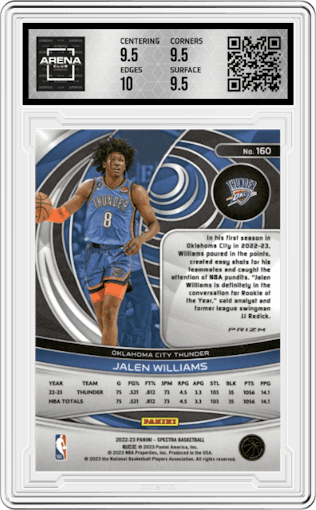 Jalen Williams from the 2022-23 Panini Spectra set featuring a Asia parallel graded by Arena Club and given an overall grade of 10.